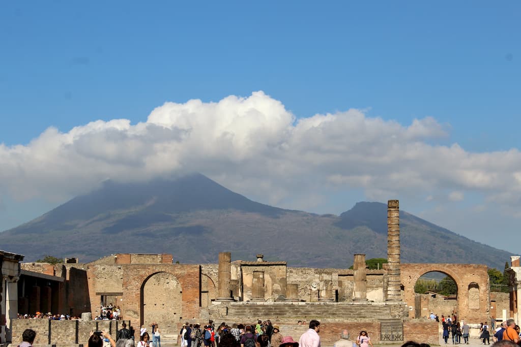 Ancient buildings with a mountain visible in the background