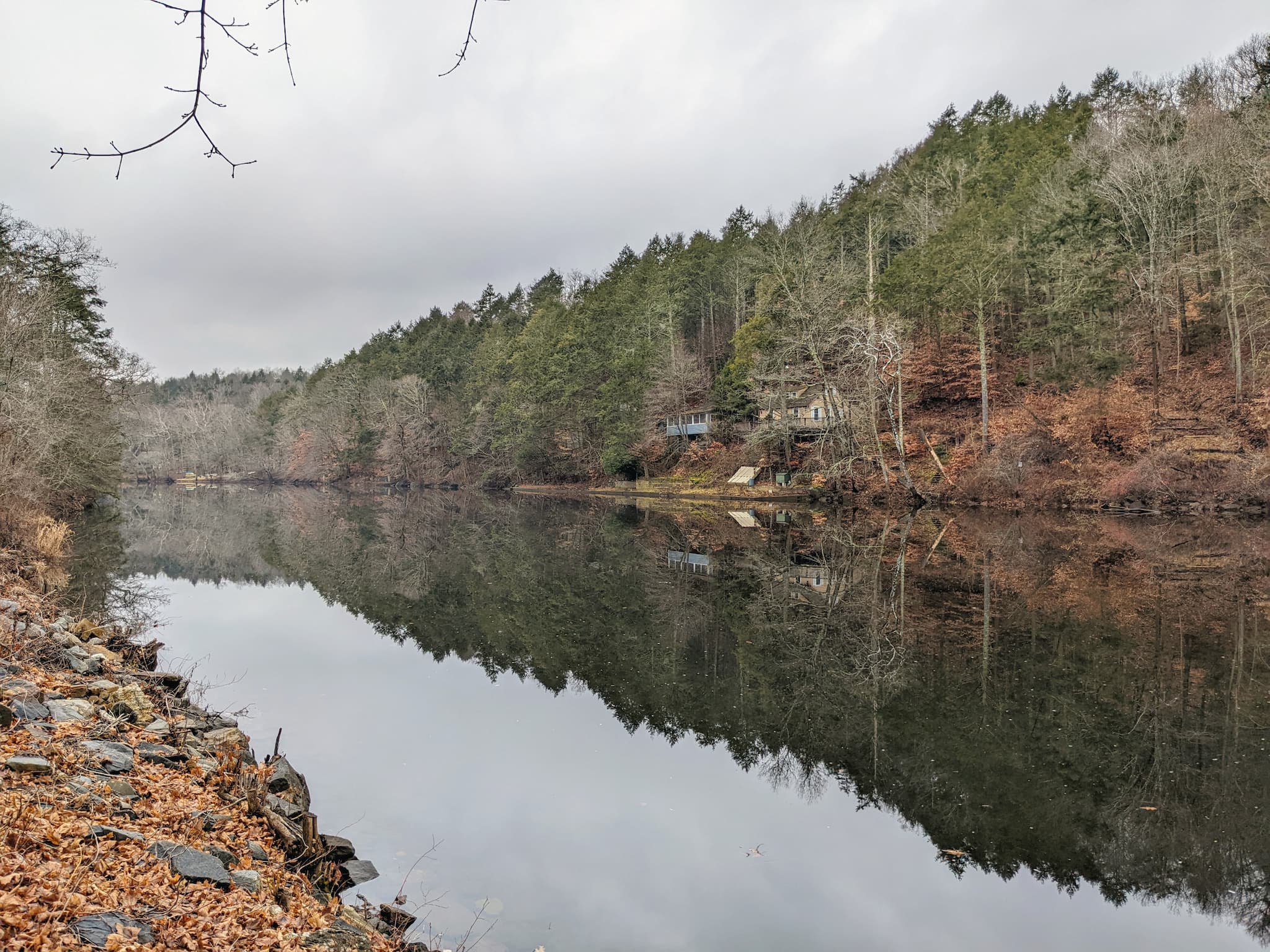 calm river reflecting hills with bare winter trees and some evergreen trees.